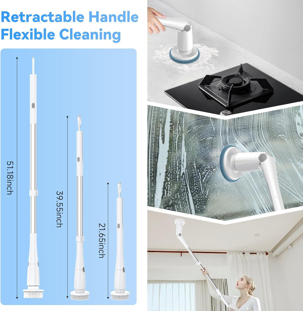 Electric Spin Scrubber, Cordless Cleaning Brush with 8 Replaceable Cleaner Brush, Power Shower Scrubber with Long Handle, Electric Scrubber for Cleaning Floor Bathroom Bathtub Tile