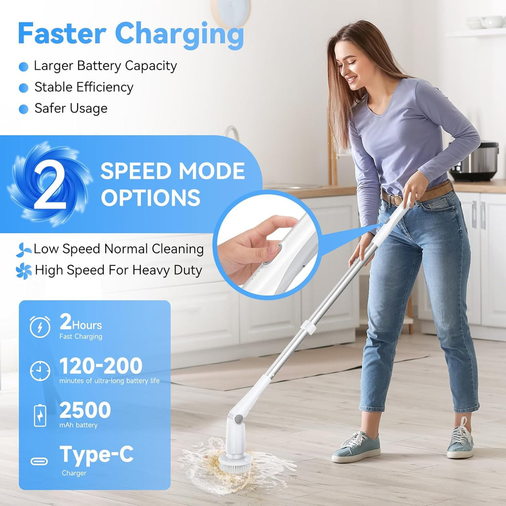 Electric Spin Scrubber, Cordless Cleaning Brush with 8 Replaceable Cleaner Brush, Power Shower Scrubber with Long Handle, Electric Scrubber for Cleaning Floor Bathroom Bathtub Tile