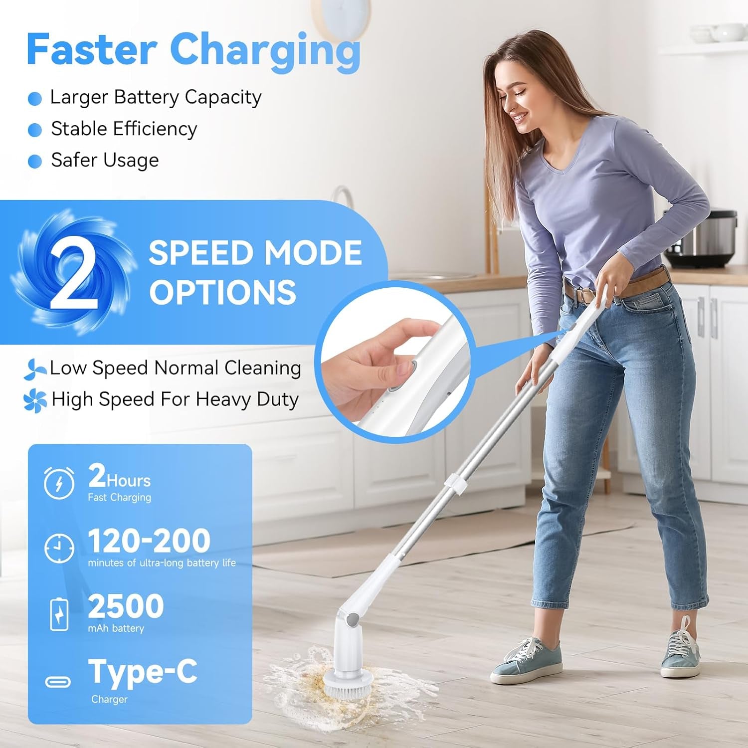 Electric Spin Scrubber, Cordless Cleaning Brush with 8 Replaceable Cleaner Brush, Power Shower Scrubber with Long Handle, Electric Scrubber for Cleaning Floor Bathroom Bathtub Tile