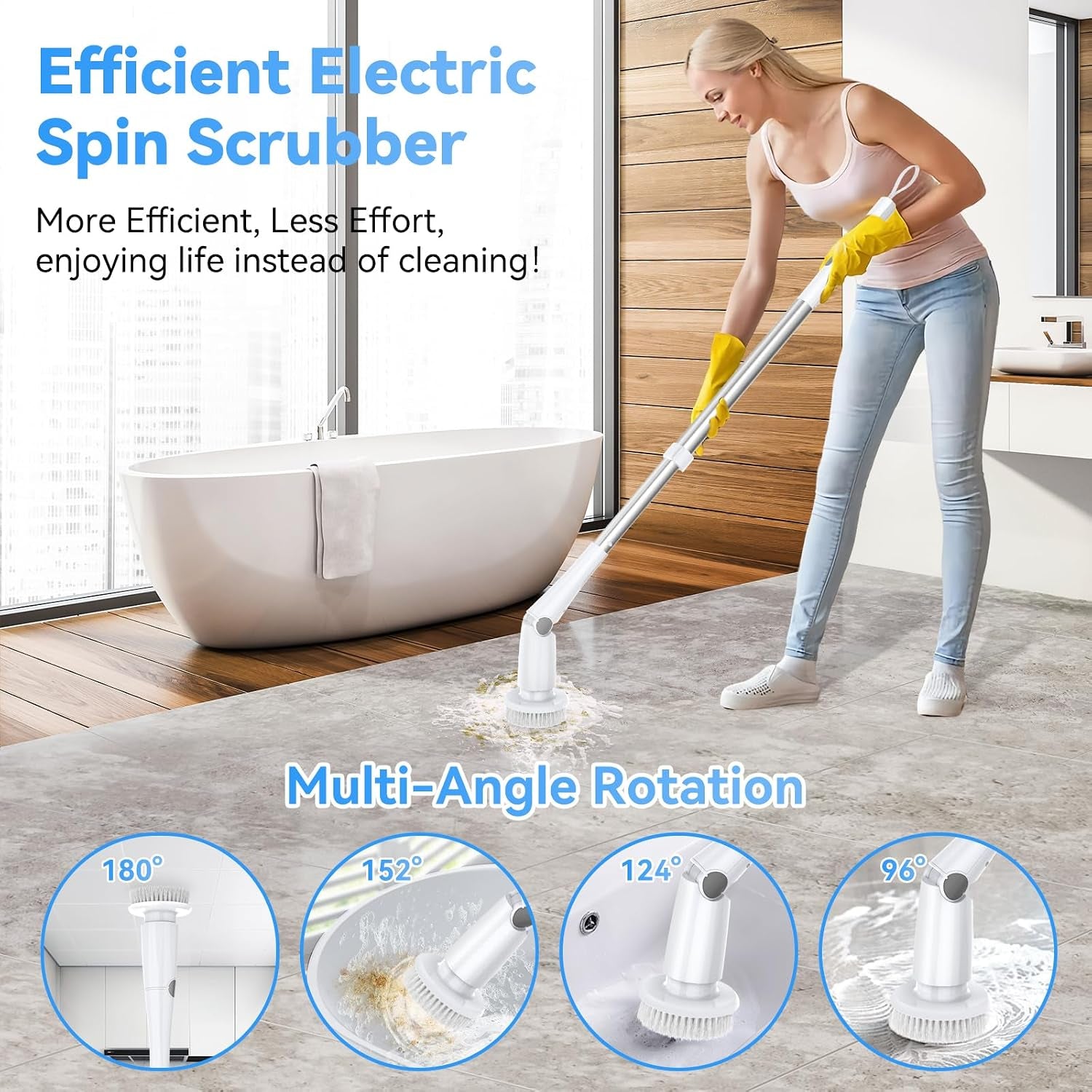 Electric Spin Scrubber, Cordless Cleaning Brush with 8 Replaceable Cleaner Brush, Power Shower Scrubber with Long Handle, Electric Scrubber for Cleaning Floor Bathroom Bathtub Tile