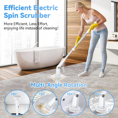 Electric Spin Scrubber, Cordless Cleaning Brush with 8 Replaceable Cleaner Brush, Power Shower Scrubber with Long Handle, Electric Scrubber for Cleaning Floor Bathroom Bathtub Tile