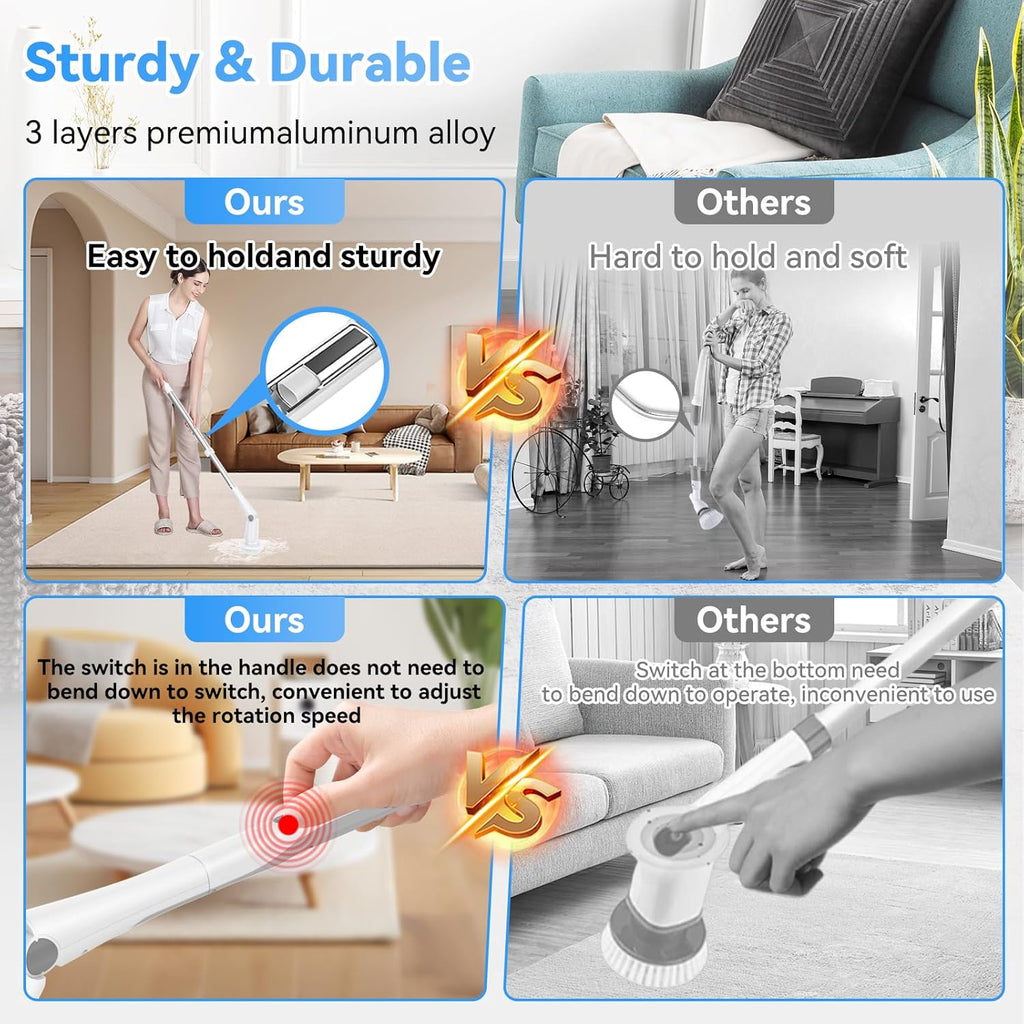 Electric Spin Scrubber, Cordless Cleaning Brush with 8 Replaceable Cleaner Brush, Power Shower Scrubber with Long Handle, Electric Scrubber for Cleaning Floor Bathroom Bathtub Tile