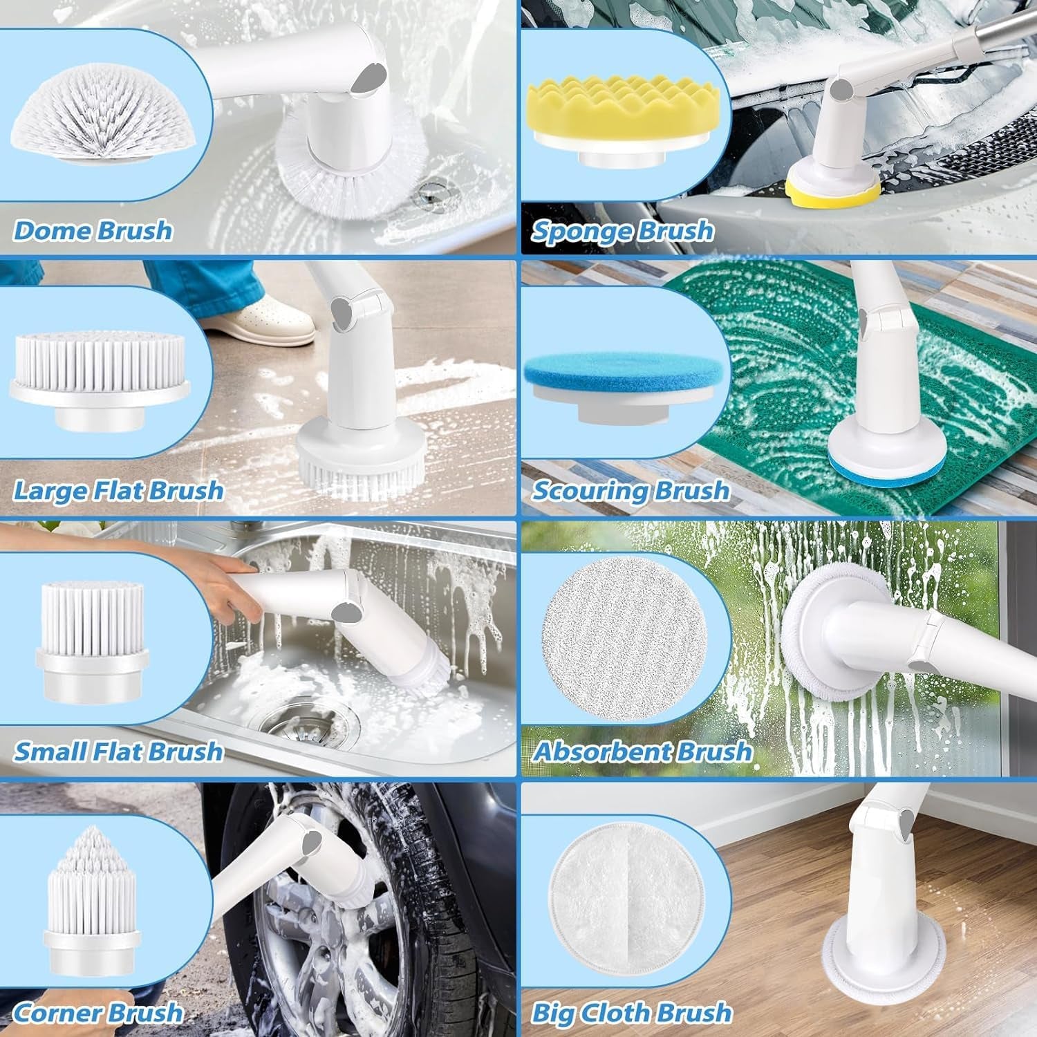 Electric Spin Scrubber, Cordless Cleaning Brush with 8 Replaceable Cleaner Brush, Power Shower Scrubber with Long Handle, Electric Scrubber for Cleaning Floor Bathroom Bathtub Tile