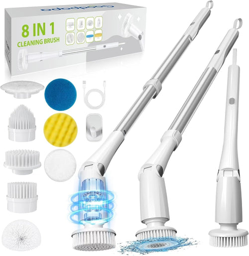 Pureova 8-in-1 cordless electric spin scrubber with 8 brush head attachments and charging cable