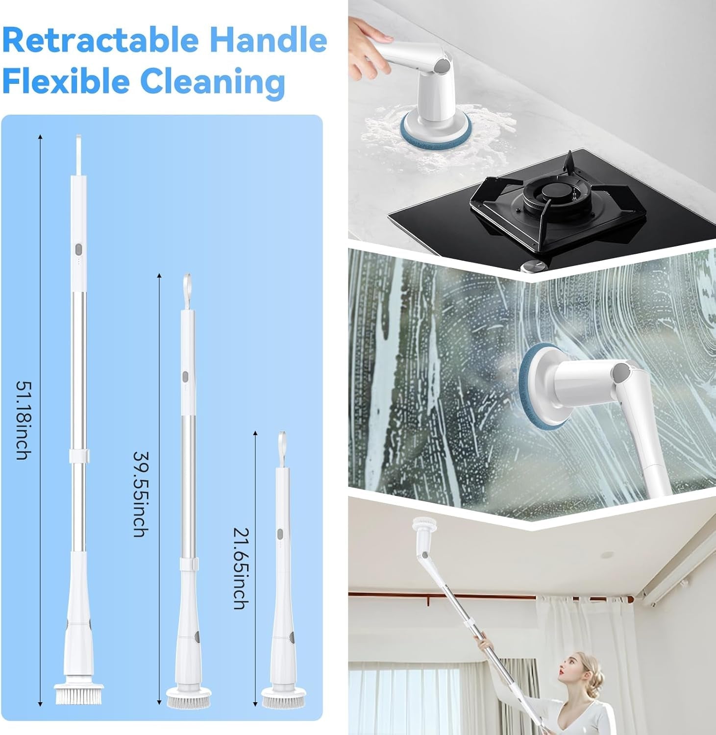 Pureova electric scrubber retractable handle with 3 adjustable lengths for cleaning ceilings and glass
